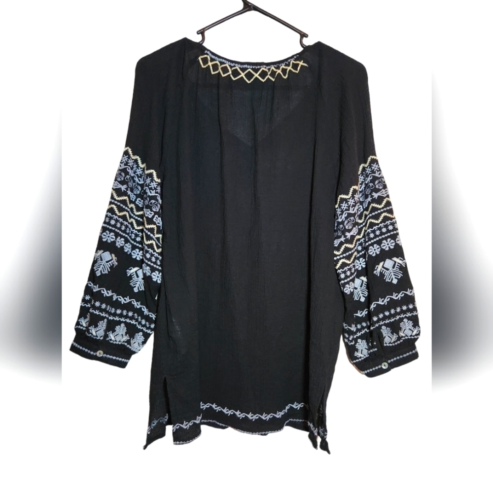 Paparazzi Boho Embroidered Black Top Tunic 100% Cotton Size M Hippie Cottagecore - Picture 5 of 6